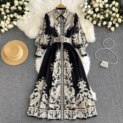 Large size women's retro print temperament polo collar shirt long skirt women's spring new high-end waist dress