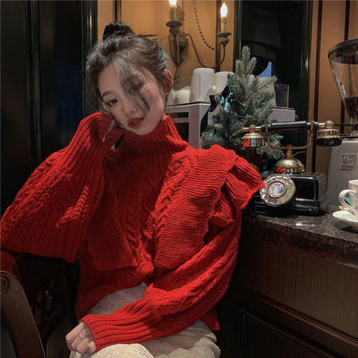 Design sense niche lotus leaf sweater women's 2022 spring and autumn new Korean version age-reducing turtleneck outer wear knitted sweater jacket