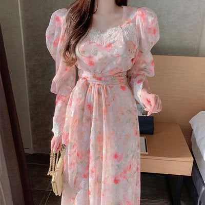 Korean chic French temperament square collar lace lace stitching tie waist puff sleeve floral dress long skirt