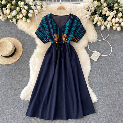 Bohemian retro heavy industry embroidery V-neck dolman sleeves straps waist and slim mid-length holiday dress women