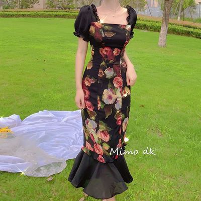 Mimo dk French court retro skirt fairy skirt summer temperament dress oil painting black rose fishtail skirt c