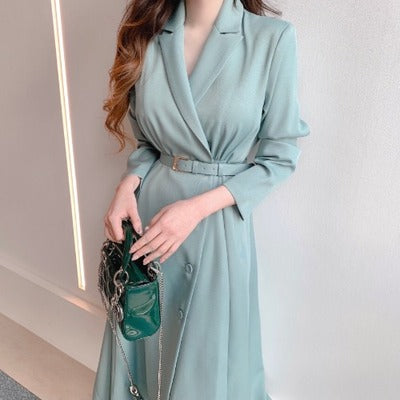 Korean chic elegant V-neck high-end all-match single-breasted waist long suit dress with belt