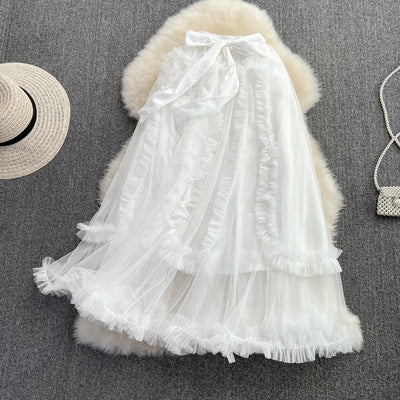 2022 Summer Korean Version High Waist Slim Cake Skirt A-Line Skirt Versatile Mid-Length Over Knee Swing Mesh Skirt