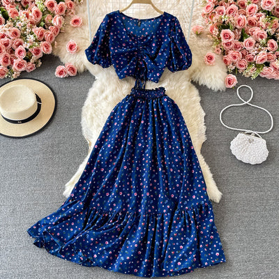 Chiffon Large Swing Long Skirt High Waist A-line Skirt Floral Fresh Skirt Two Piece Suit High Waist Short Chiffon Shirt Summer