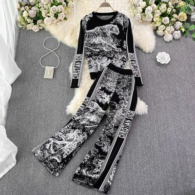 Fashion suit high waist printed wide leg pants straight tube drape slim pants two-piece tiger jacquard knitted sweater