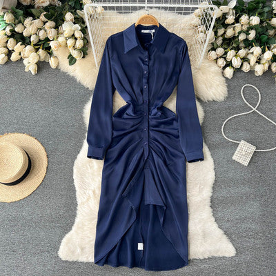 2022 spring new irregular folded V-neck shirt dress women's waist and thin slit goddess fan dress