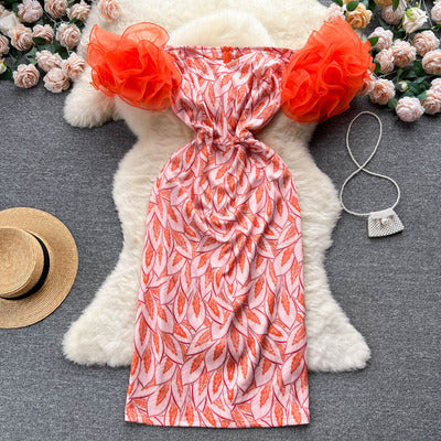 European and American ins style spring and summer mesh sleeve splicing print tight mid-length sexy tube top bag hip dress trendy