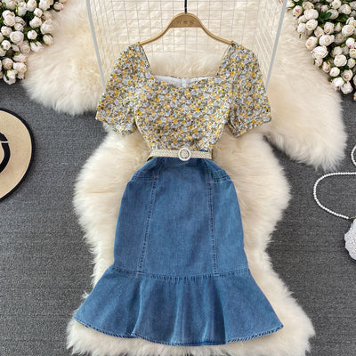 2022 summer Korean version fashion small fresh square collar embroidered floral stitching denim fishtail bag hip dress short sleeves