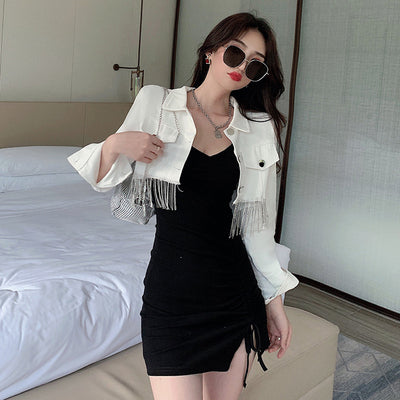 Fashionable Western-style Short Tassel Denim Jacket + Deep V-Neck Drawstring Slit Thin Bottoming Sling Dress Suit