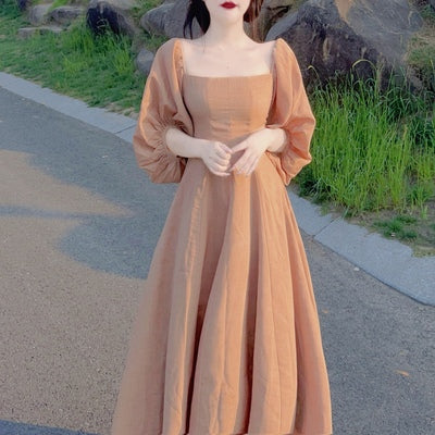 Mimo dk French retro court style square neck puff sleeve princess skirt khaki bellflower skirt summer dress