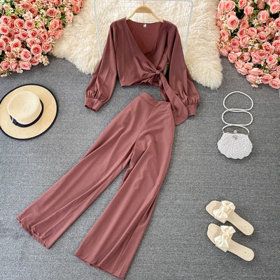 2021 Summer Casual Pants Wide Leg Pants High Waist Drape Straight Pants Two Piece Suits V Neck Waist Tie Short Tops