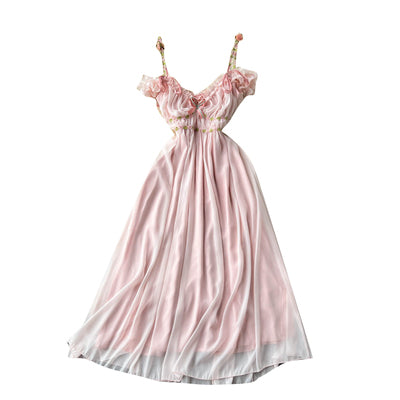 Super fairy temperament sweet V-neck pleated pleated chiffon dress female summer gentle style holiday fairy skirt