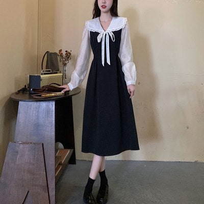 Large size women's French retro design waist dress is thin and covers the belly fake two-piece doll collar chiffon shirt