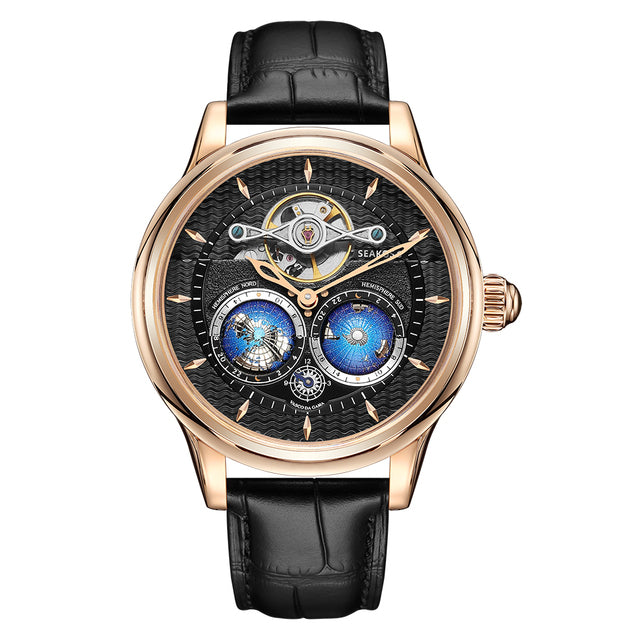 SEAKOSS Fully Automatic Earth Mechanical Watches Men 3D Double Globe Rotating Flywheel Tourbillon Device Male Wristwatches 5ATM