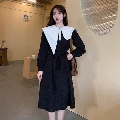 Large size women's autumn new dress irregular big lapel tie fat mm loose belly black long skirt