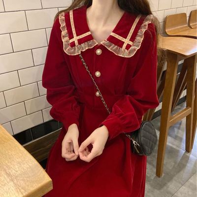 Autumn and winter 2021 new style Hepburn style annual meeting small dress over the knee long skirt waist slimming gold velvet dress women