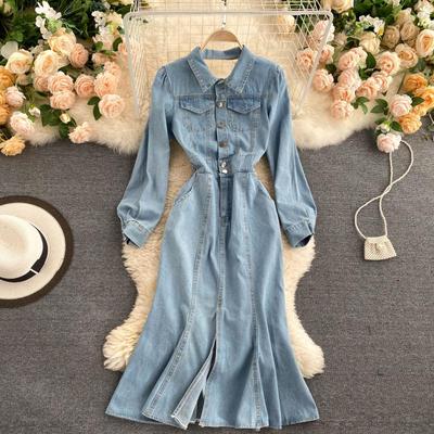 chic port style retro denim dress autumn 2020 new goddess scheming hollow halter fishtail skirt