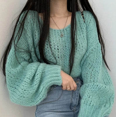 Autumn wild pullover loose knit sweater Korea chic candy color skin thick line casual lantern sleeve top