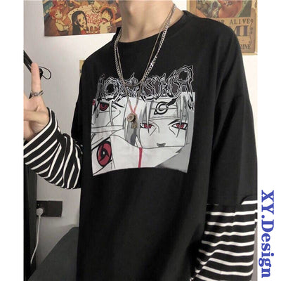 Spring new ins Naruto long-sleeved T-shirt for men and women couples striped fake two-piece loose tops for students