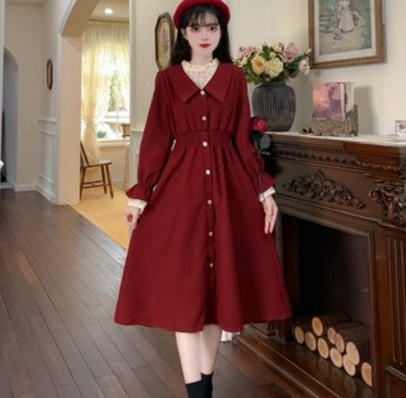 Large-size fake two-piece dress female autumn and winter hot style French style small fragrance temperament fat mm waist thinner base skirt