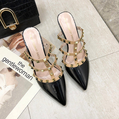 Baotou half slippers female 2021 new summer wild pointed rivet slippers female outer wear fashionable stiletto high heels