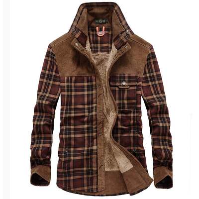 winter men's pure cotton plaid large lapel thickened shirt