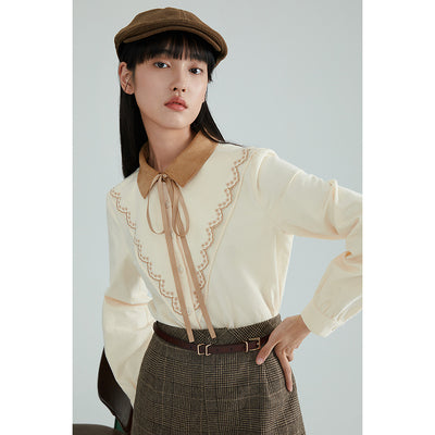 Yinman flagship store bowknot shirt women retro sweet 2021 autumn hit color embroidered lace-up cotton long-sleeved shirt