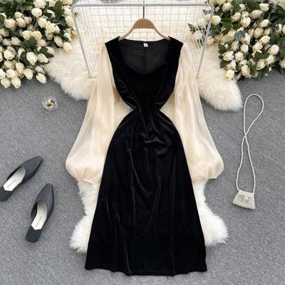 Fall 2021 new French retro palace style square collar waist slimming mesh velvet long-sleeved dress female tide