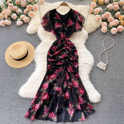 2021 new light luxury ladies chiffon print dress temperament ruffled mermaid dress female skirt was thin