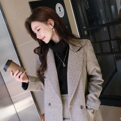 Korean fashion mid-length plaid woolen coat jacket 2021 autumn and winter new bag hip skirt suit female two-piece suit