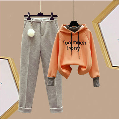 Autumn and winter plus velvet padded suit female students Korean version of loose fake two-piece sweater Slim casual woolen pants two-piece suit