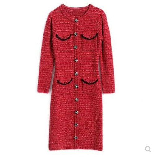 Small incense flashing diamond petal buckle temperament red mid-length slim knit dress female autumn and winter new