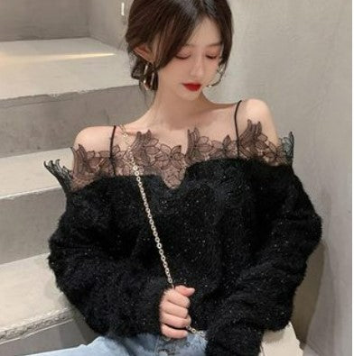 Lace stitching one-word neck strap off-the-shoulder blouse, women's western style, all-match, careful and shiny sweater sweater