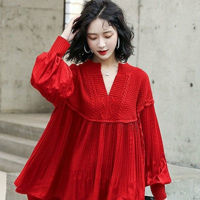 Shirt top women's long-sleeved autumn new style 2021 fashion loose lantern sleeve wool stitching shirt skirt shirt