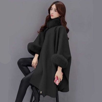 Winter fox fur collar mid-length woolen coat temperament cloak shawl Hepburn wind woolen plus size coat