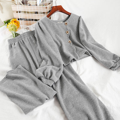 V394 Korean style temperament fashion suit shirt short jacket straight wide-leg nine-point pants two-piece female autumn and winter