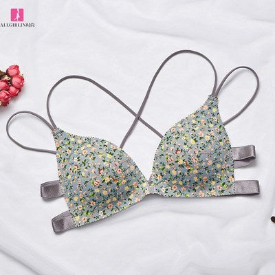 Underwear women gather bra and panties set student Korean style front buckle beautiful back bra without steel ring chest small seamless floral