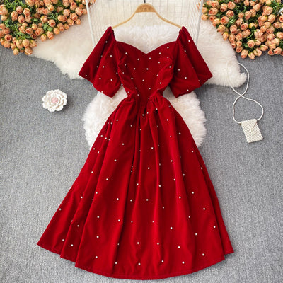 French palace retro heavy industry diamond-studded Hepburn style one-shoulder open back velvet dress female large skirt small dress