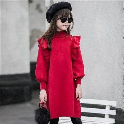 Girls' sweater dress for fall/winter new style, big kids, Korean style, mid-length, red children's knitted princess dress