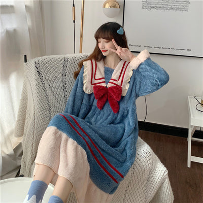 2021 new style pajamas women autumn and winter plush cute nightdress thickened nightgown winter home service can be worn outside