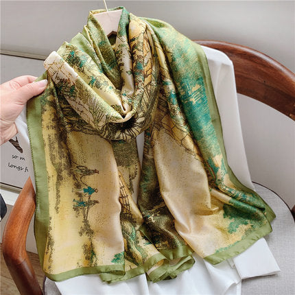 Vibrato Explosion Style Qingming Shanghetu Ancient Silk Scarf Summer Thin Shawl Women's Outer Sunscreen Scarf Scarf