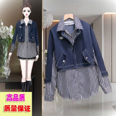 Denim sweater fake two large size women's clothing 2021 spring new European station fat sister covering meat casual cowboy outside