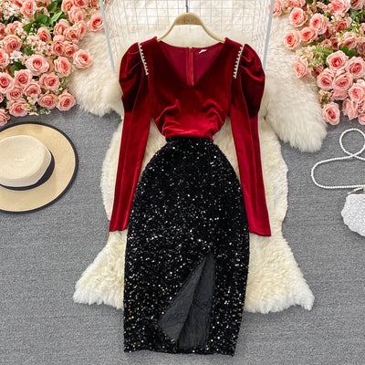 Autumn and winter new fashion ladies temperament slim slim high waist sequin stitching velvet split V-neck dress