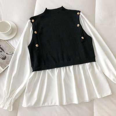 Spring new Korean version of the round neck retro double-breasted design fake two-piece splicing trumpet sleeves thin wool sweater women