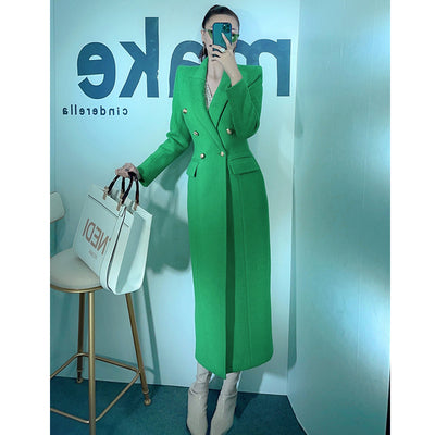 Long woolen coat women's super long ankle temperament women's green woolen coat women's autumn and winter new 2021