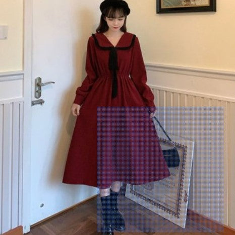 Temperament and gentle wind, new lace-up sweet doll collar dress for female students, slimming and age-reducing mid-length A-line skirt