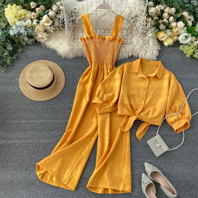 Holiday style two-piece suit 2020 new sling pleated wide-leg jumpsuit + stand-up collar short-sleeved cardigan shirt female trend