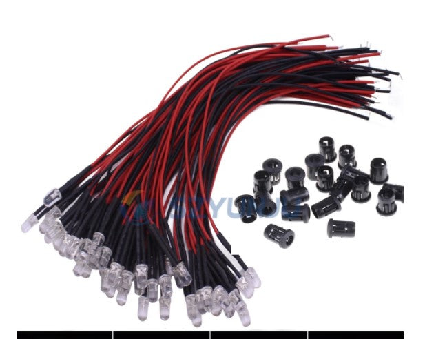 DC12V F3mm 5mm Red/Green/Blue/RGB white UV Yellow Oragne Round Pre-Wired Water Clear LED With Plastic Holder 10-100pcs