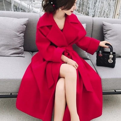 Plus size women's fat mm woolen coat, mid-length Korean woolen coat, waist and thin, autumn and winter clothes, wedding red