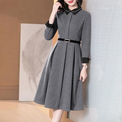 2021 spring new splicing mesh shirt skirt waist slimming long-sleeved mid-length dress women